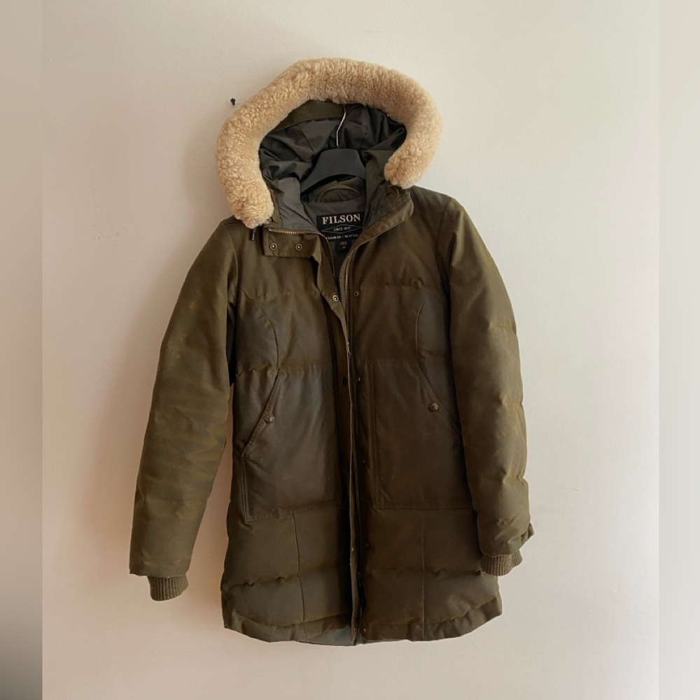 Filson Olive Green Puffer Jacket with Cream Hood
